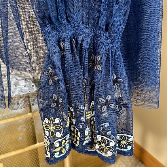 Free People Joyride Knit Sheer Lace Navy Blue Embroidered Top - Picture 12 of 14